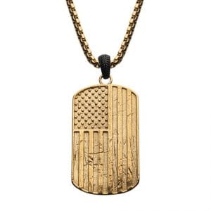 Polished Gold IP Rugged American Flag Pendant on a Polished Black IP Bail with Gold IP Box Chain