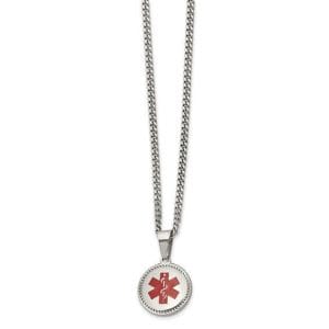 Stainless Steel Polished with Red Enamel Circle Medical ID 20in Necklace