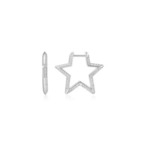 Silver Medium Star Pavé Hoop Earrings