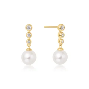 Gold Plated Tennis Beaded Stone Pearl Drop Stud Earrings