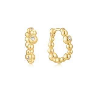 Gold Plated Bezel Beaded Curved Huggie Earrings