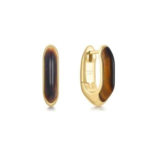 Gold Plated Tiger Eye Huggie Hoop Earrings