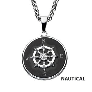 Stainless Steel Black IP Ship's Wheel Compass Pendant with Chain